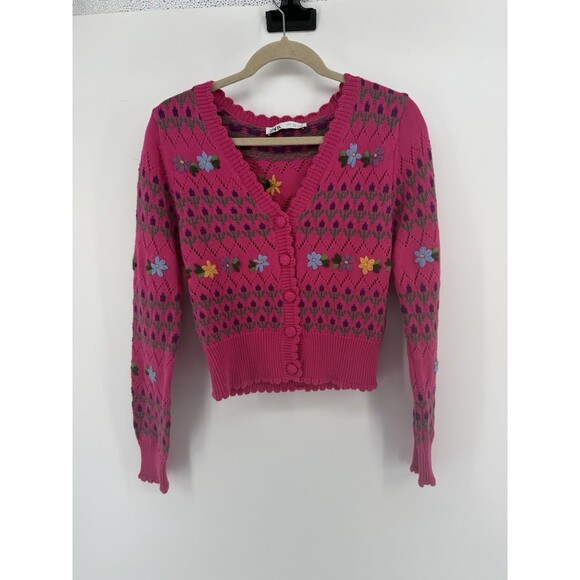 ZARA Womens Crop Cardigan Sweater Medium Pink Floral Cotton Cottagecore Repair - Picture 4 of 14
